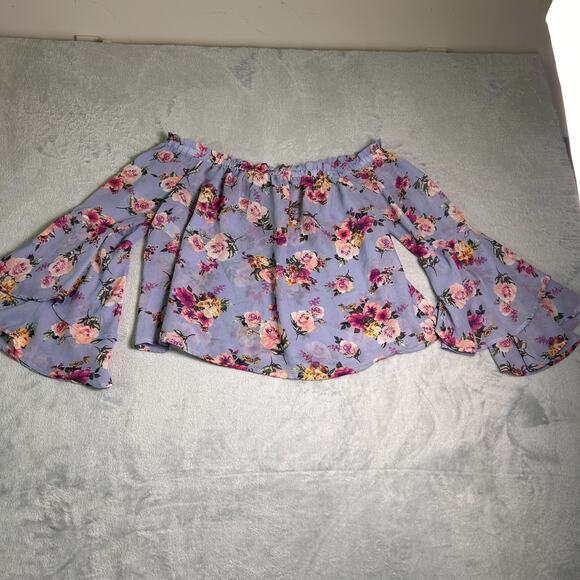 Blashe Floral Bell Sleeve Off Shoulder Fairy Crop Top Womens M Purple Chiffon - Picture 6 of 6